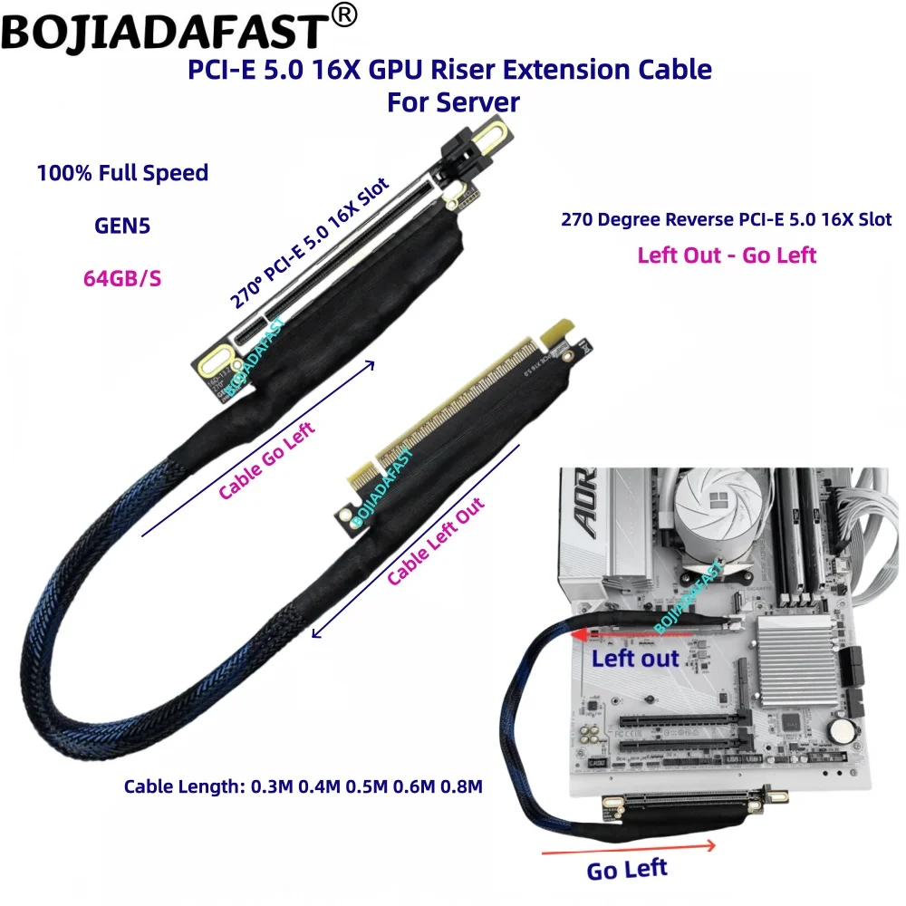 

270-градусный PCI-E 5.0 16X to X16 GPU Riser Удлинительный кабель GEN5 50CM 60CM для серверной видеокарты A100 H100 RTX5090 RX9070XT AI