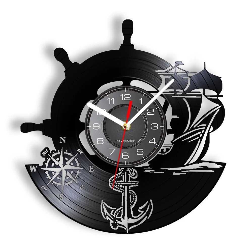 Anchor Ship Navy Compass Vinyl Record Wall Clock Retro Home Wall Decoration Navigation Ship Rudder Art Wall Clock Sailor Gift