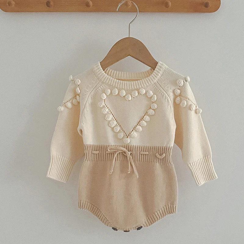 2024 New Autumn Children Knitted Clothes Newborn Baby Girls Knitted Bodysuits Long Sleeved Splicing Korean Style Climbing Suit