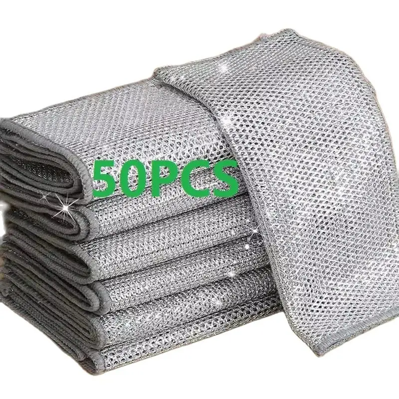 3/50 Pcs Wire Cleaning Cloth Double-sided Thickened Metal Silver Wire Rags Kitchen Dish Pot Washdishing Cloths Towel Clean Tools