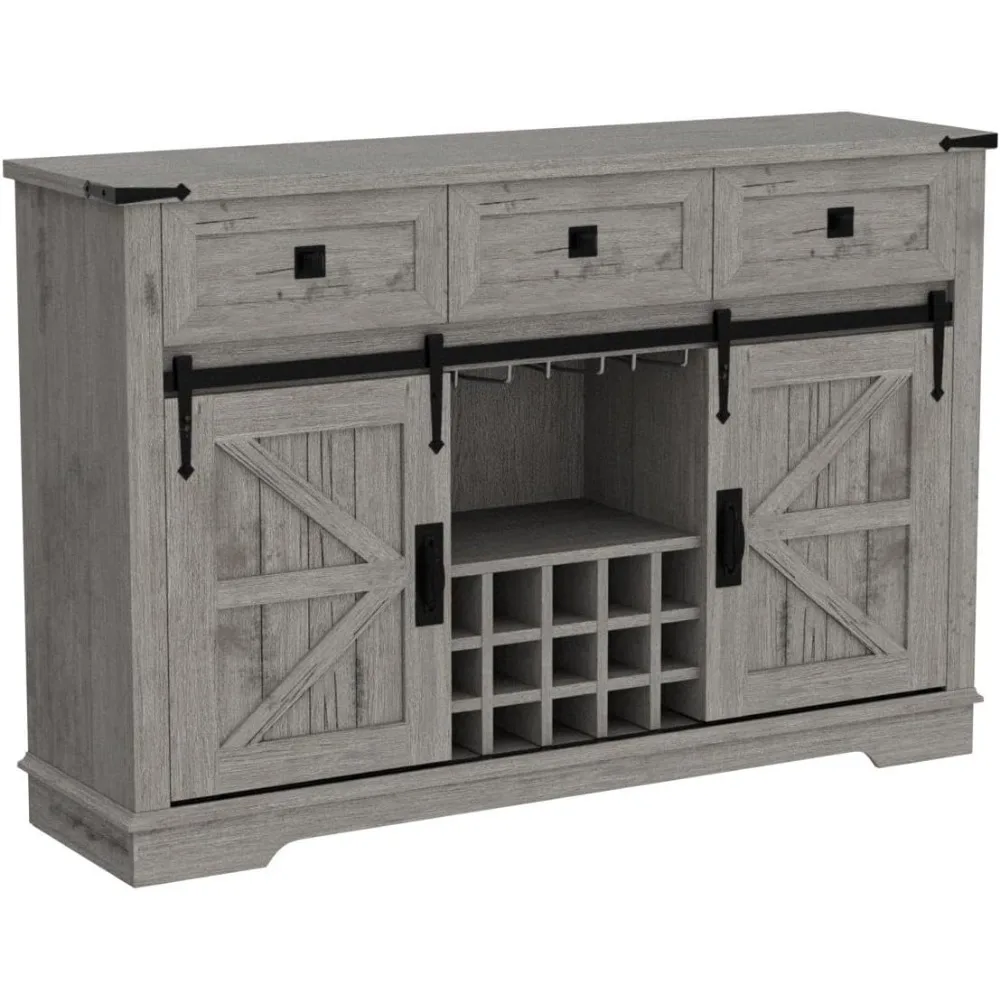 OKD-Farmhouse Buffet Cabinet com Armazenamento, Cozinha Wine Bar Cabinet, Wine and Glass Rack, porta de celeiro deslizante, 3 gavetas, 54"