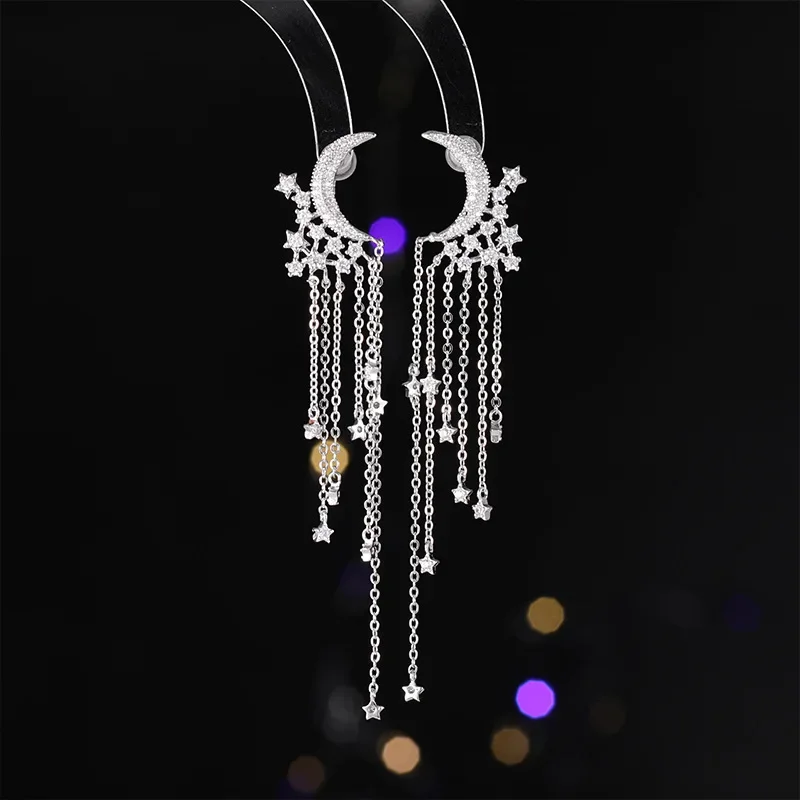 Long Chain Tassel Stars Crecent Moon Earrings for Women Girl Cute Shiny Zircon Jewelry Evening Party Earrings gift Drop Shipping