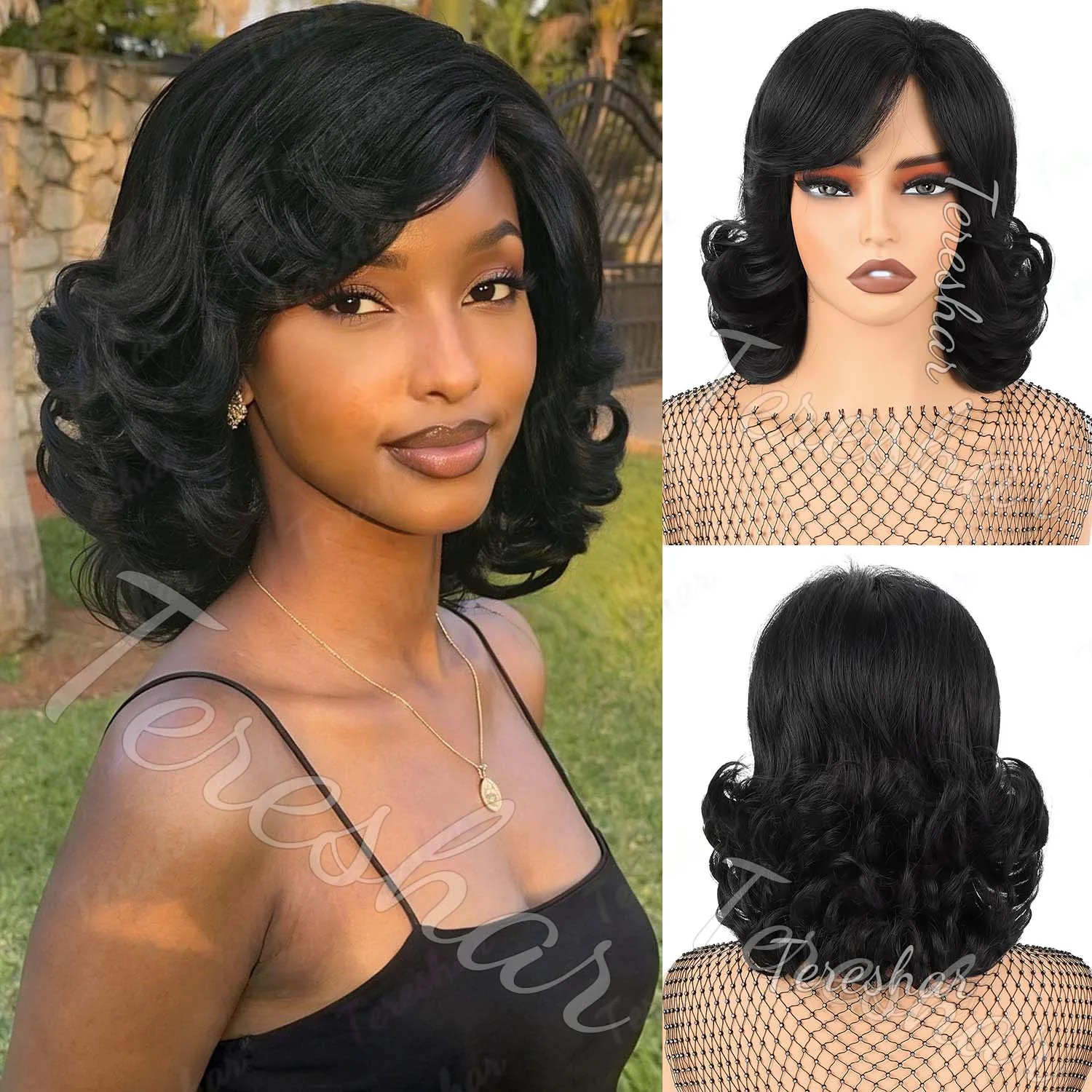 Synthetic Short Curly Wigs for Black Women Black Bob Wig, Multi Colored Side Part Layered Flip Curl Wig for Daily Cosplay Use
