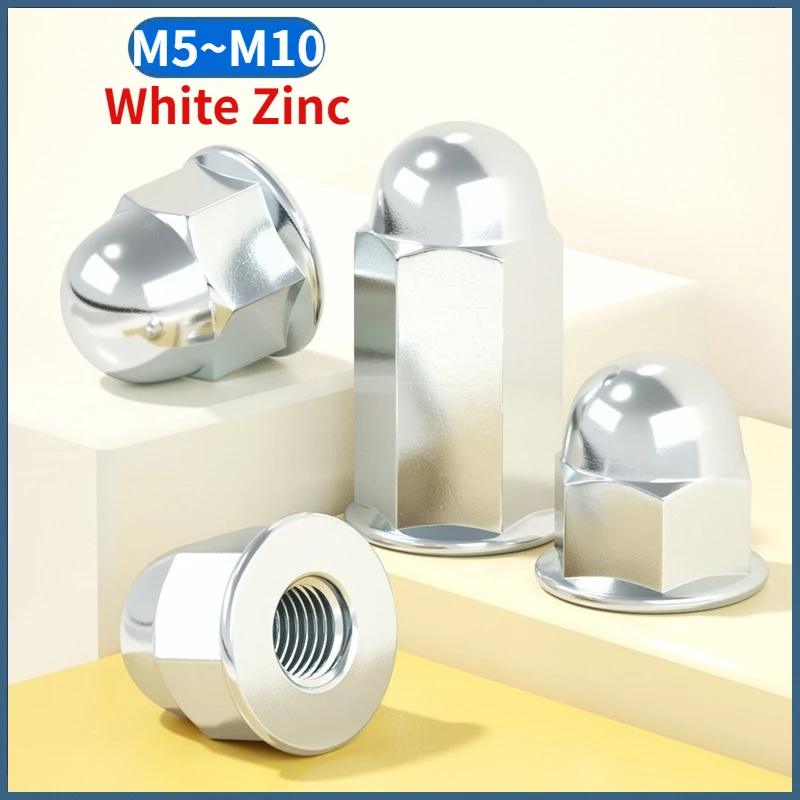 M5 M6 M8 M10 White Zinc Plated Carbon Steel Extended Flange Acorn Nuts Heightened Flange Cap Nuts for Motorcycle Cylinder Nuts