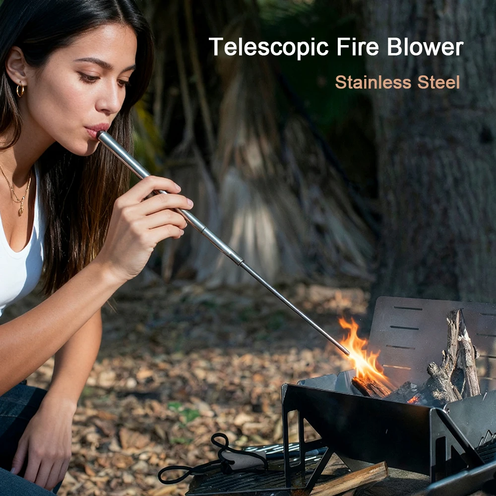 Stainless Steel Telescopic Fire Blower, Collapsible Pocket Fire Bellow Pipe for Outdoor Camping Hiking Picnic Cooking Tool Stick