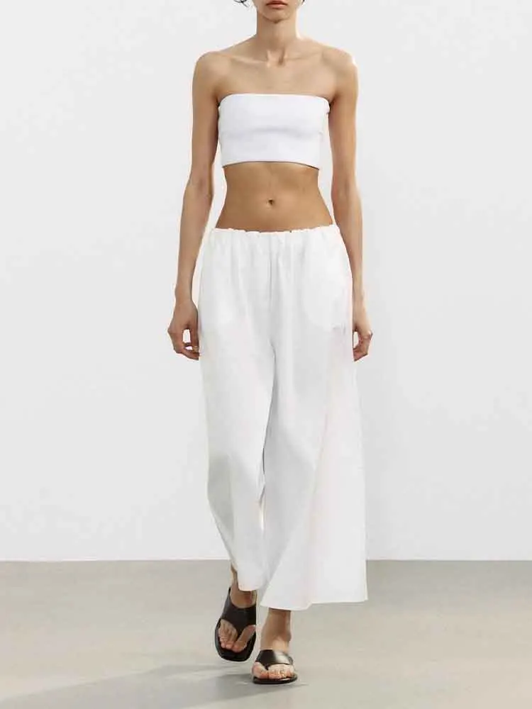 

European style new women's fashion versatile temperament solid color mid-waist wide-leg casual trousers