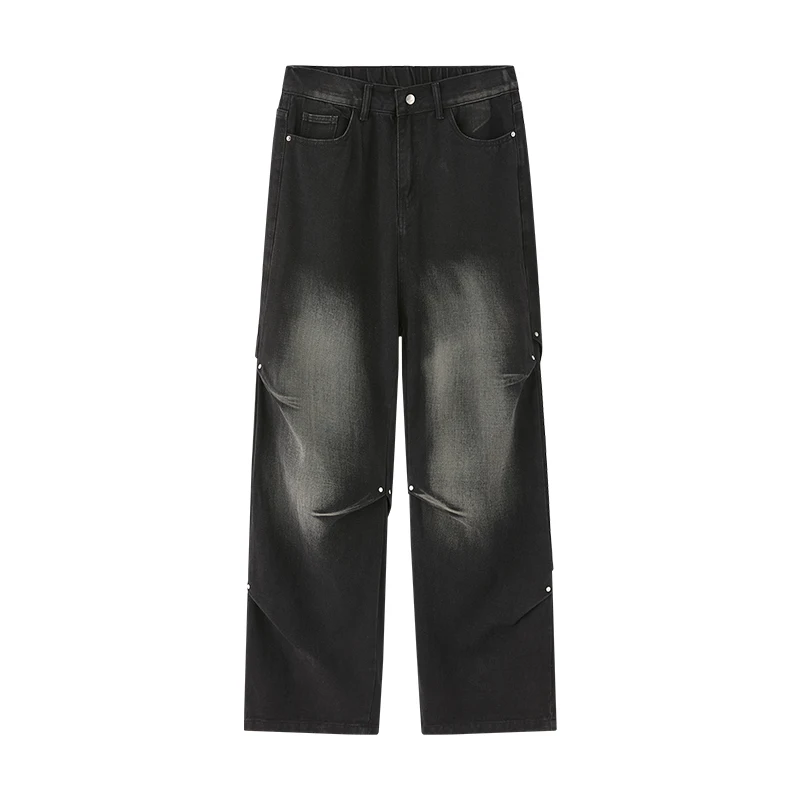 2025년 봄 신상 패셔너블한 주름 디자인의 접힌 에이징 데님 팬츠, 남성용 그라데이션 워싱 스트레이트 데님 바지