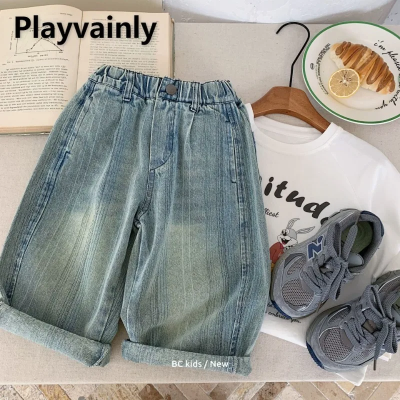 

New Autumn Children Simple Casual Jeans Retro Blue Elastic Waist Loose Straight Leg Denim Pants Kids Boy and Girl Clothes H0133