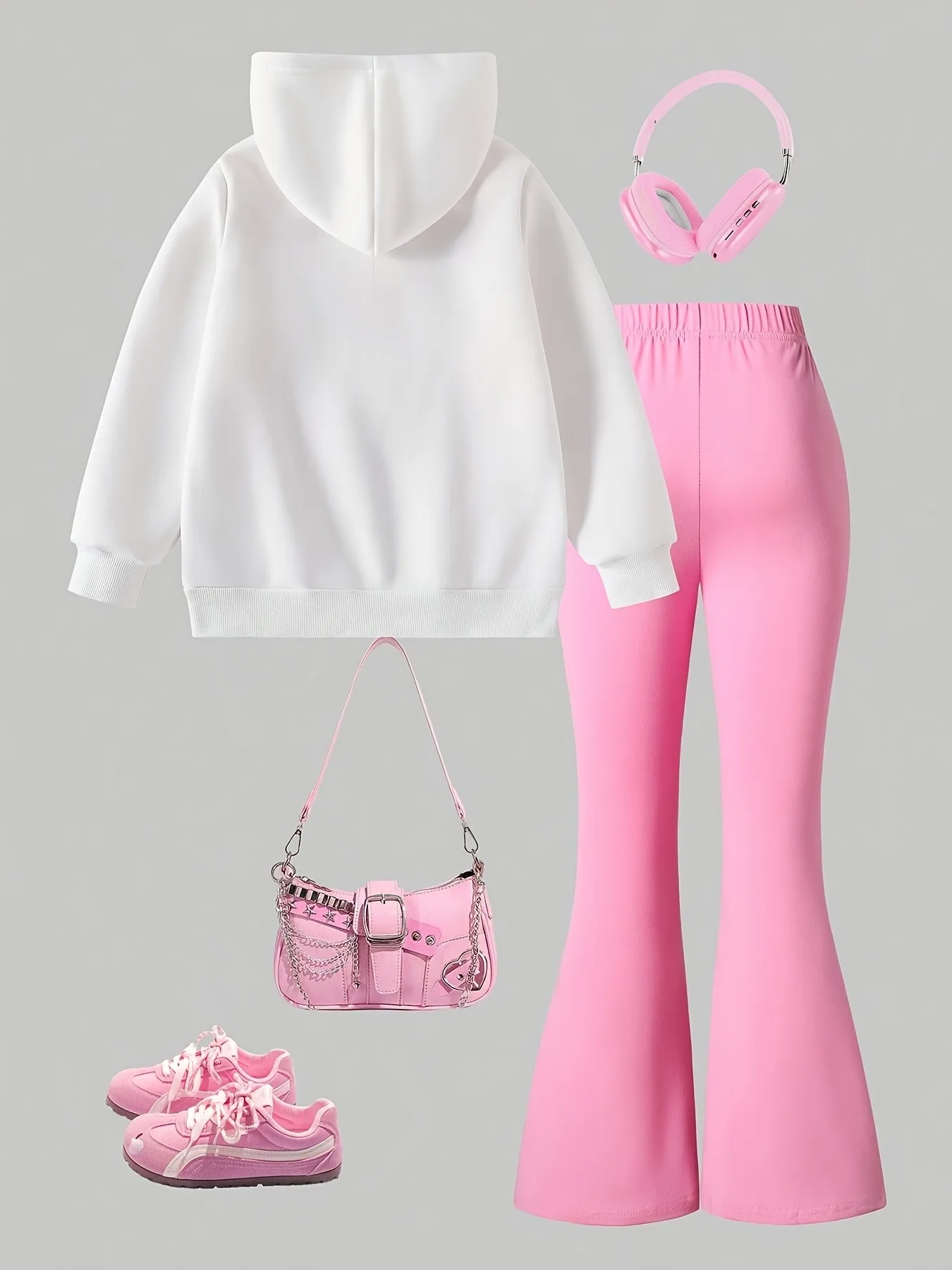 Trendy Girls 2Pcs Sweet Co-Ord Suit, 3D Pink Bow Adorned Loose White Hooded Sweatshirt, High Stretch Solid Pink Bell Bottom Trouser