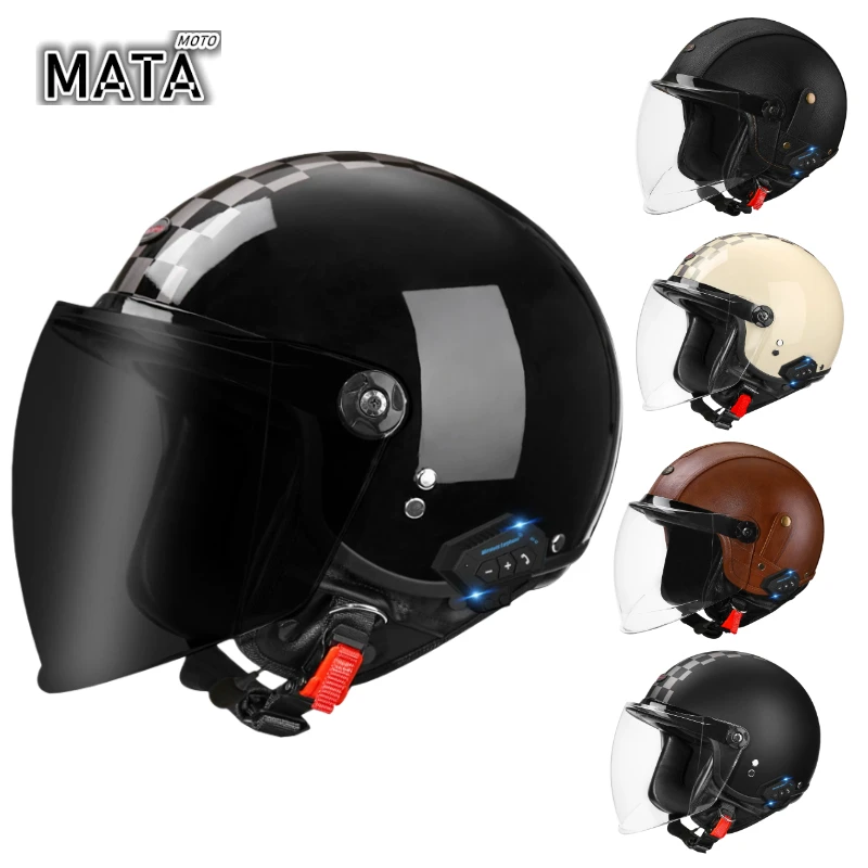 

Electric Motorcycle Dual Lens Helmet Smart Bluetooth Helmet Vintage Winter Warm Ear Protection Three-quarters Half Helmet