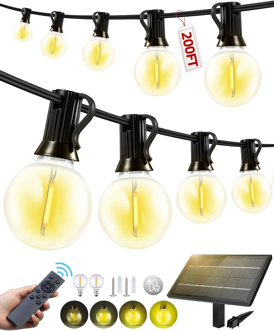 

Солнечные уличные светильники 200 футов, водонепроницаемые, с ударопрочными лампами, дистанционным управлением, 3 режима, регулируемая яркость, для патио, сада, террасы, кемпинга