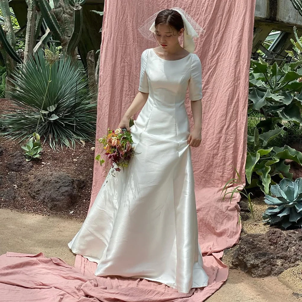 

Bowith Simple Satin Korean Wedding Dresses Customized Scoop Collar Half Sleeves A-Line Bridal Gown Elegant Wedding Snap Dresses