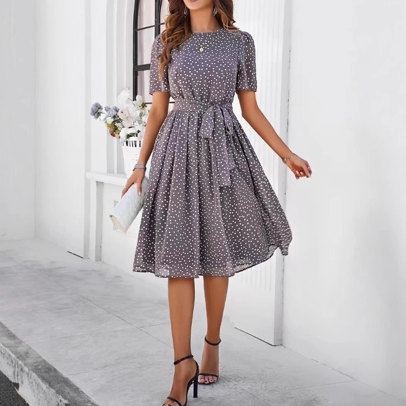 

Fashion Elegant Dress 2025 Spring and Summer Temperament Casual Polka-dot Lace-up Printed Women's Dress