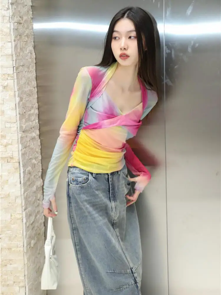 Yedinas Fairycore Tie Dye Mesh Tops Long Sleeeve See Through T Shirt Women Clothes Y2k Summer 2023 Tee Shirt Femme Chic Grunge