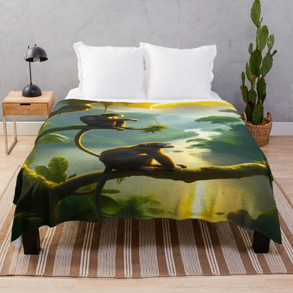 Two monkeys against the backdrop of a solar eclipse Throw Blanket Custom manga Hairy Blankets