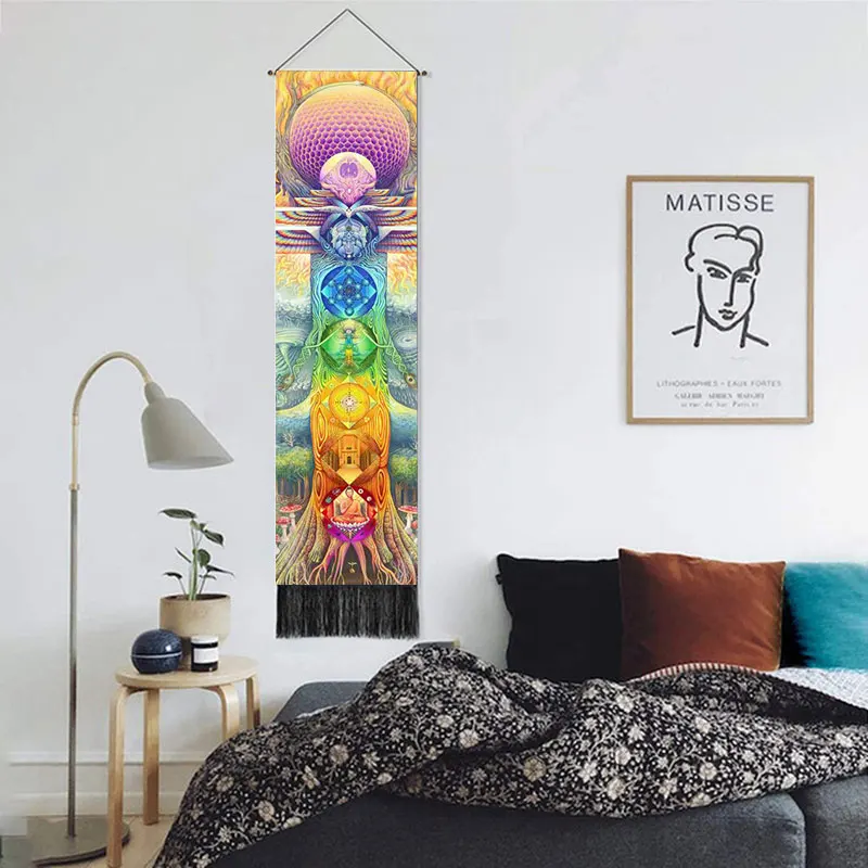 Seven Chakra Decorative Wall Hanging Tapestry Bohemia Tarot Phase Tassel Tapestry Boho Art Tapestries For Bedroom Office Decor