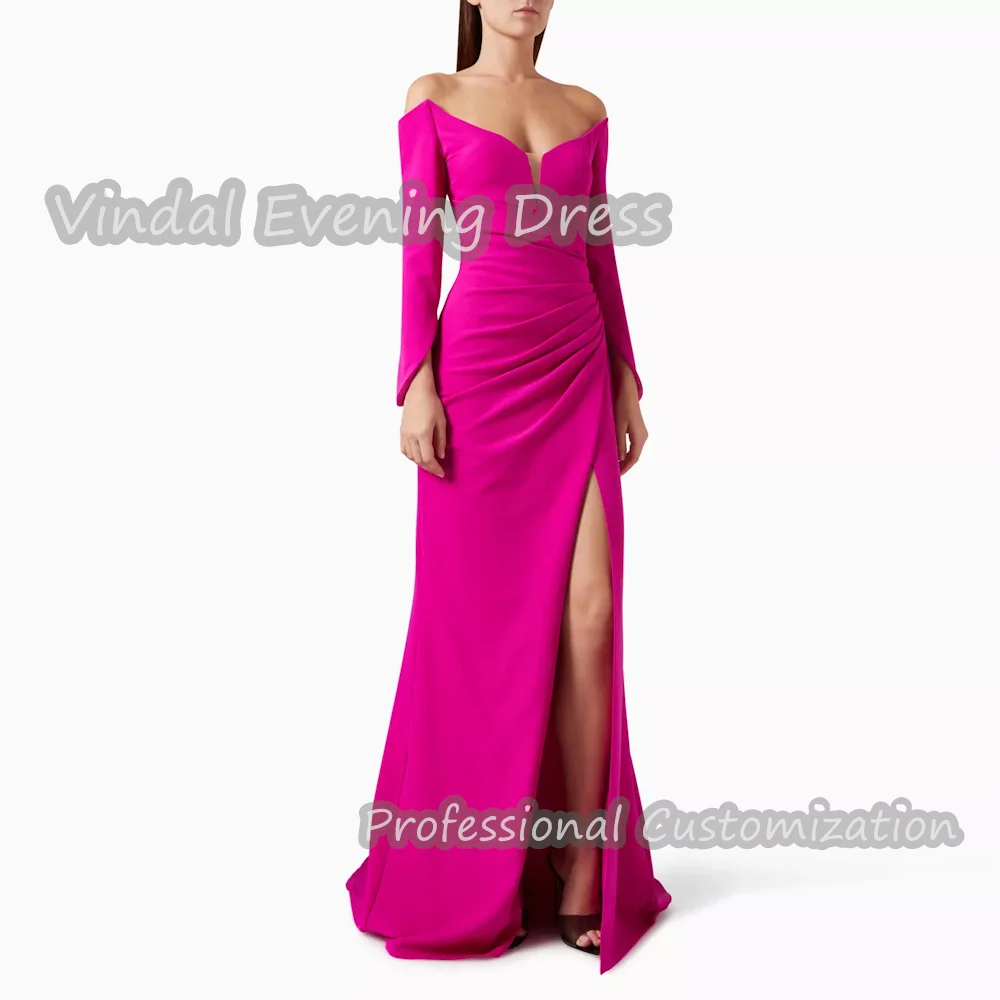 

Vindal Off-the-shoulder Floor Length Ruffle Straight luxurious Built-in Bra Crepe Elegant Long Sleeves السعود For Woman 2024