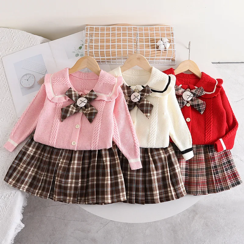 

Children's Clothing Sets Bow Tie Sweater Cardigan + Plaid Pleated Skirt 2Pcs Sweater Sets Kids Clothes Girls Set 1 To 5 Years