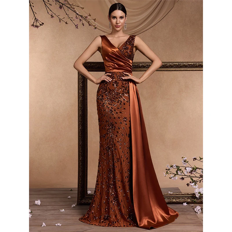 

Women Summer Sleeveless V Neck Elegant Female Sequined Formal Occasion Cocktail Prom Evening Long Maxi Dress