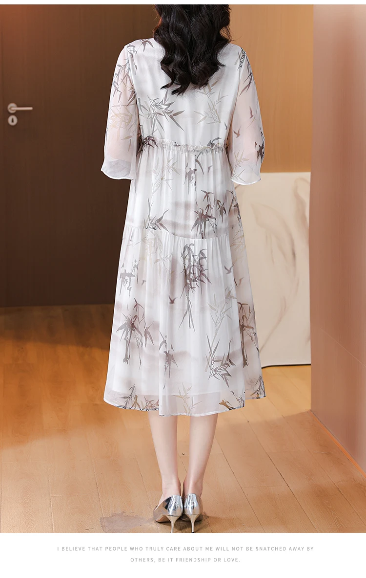 2024 Summer New Silk Short sleeved Ink Painting Printed Dress for Women's Chinese Style V-neck Loose Size Knee Length Dress