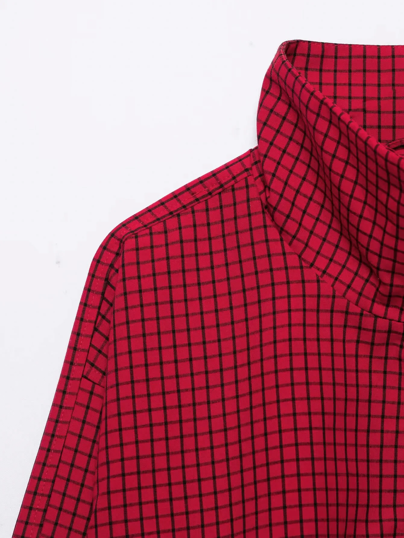 HH Damen Vintage Dünne Karierte Stehkragenjacke Y2K-Stil Lose Doppeltaschen Rote Oberbekleidung Frühling Herbst Mode Streetwear – Detail 4