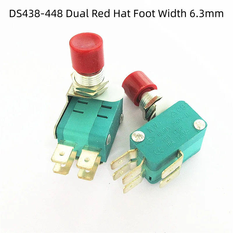 DS438-448 red/green cap self-resetting inching button microswitch, with a hole diameter of 12mm and a foot width of 4.8-6.3