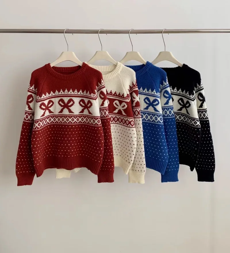 Bow Jacquard Knitted Pullover Laid-Back Korean Style Fashion Versatile Harajuku Autumn Winter Color-Blocking Sweater For Women