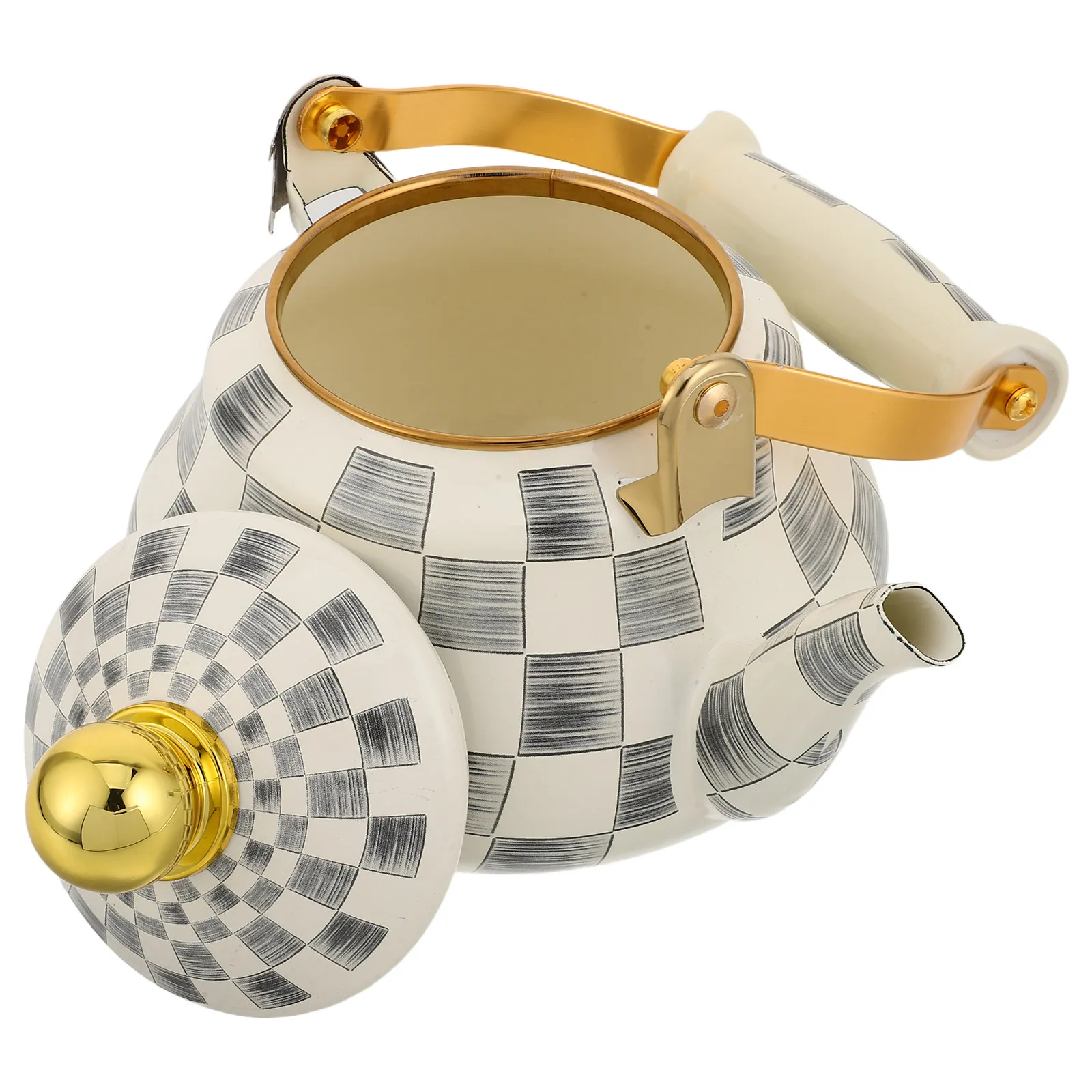 Enamel Tea Kettle Retro Checkerboard Pattern Gold Handle Stovetop Tea Pot Vintage Camping Boiling Kettle Decorative Teapot
