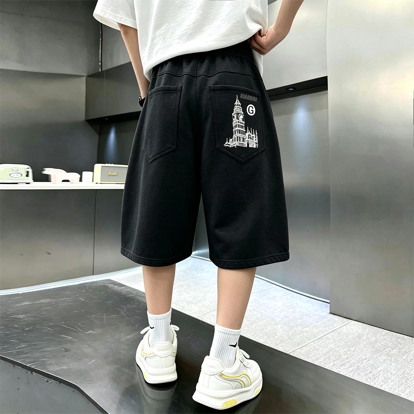 Kids Shorts Boys Thin Casual Wide Leg Shorts Versatile Trend Loose Oversized Sports Shorts for 4-14Y Students Grey Black Color