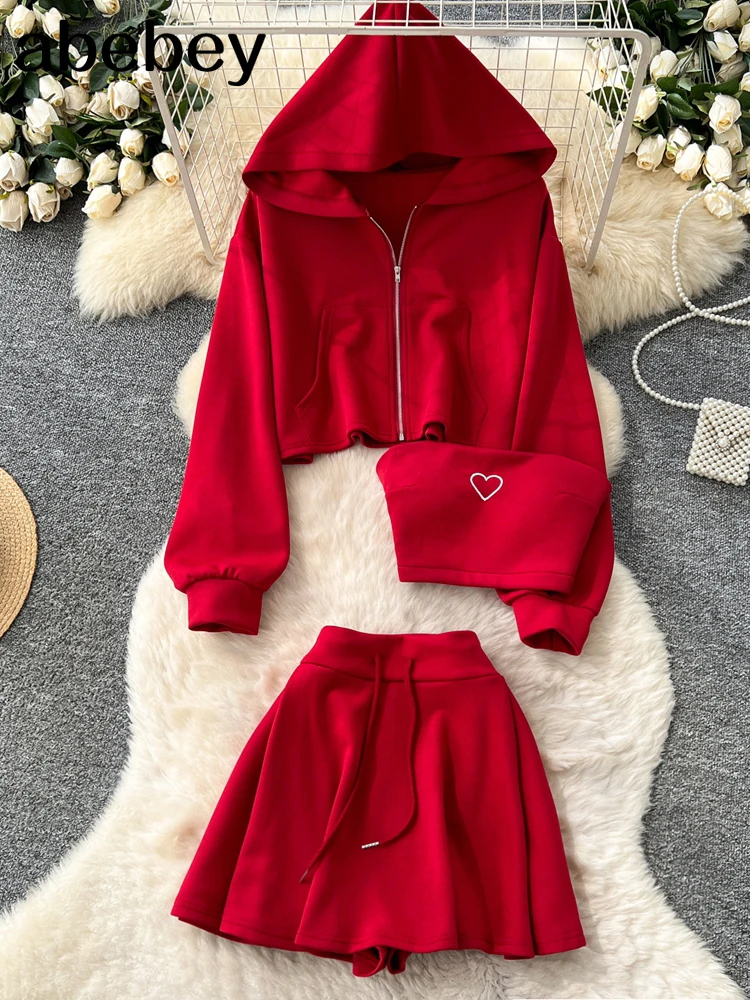 

2026 Winter Sport Hoodies New Three Pieces Sets Women Loose Short Coat+Sexy Camis+Mini Culottes Embroidery Casual Suits