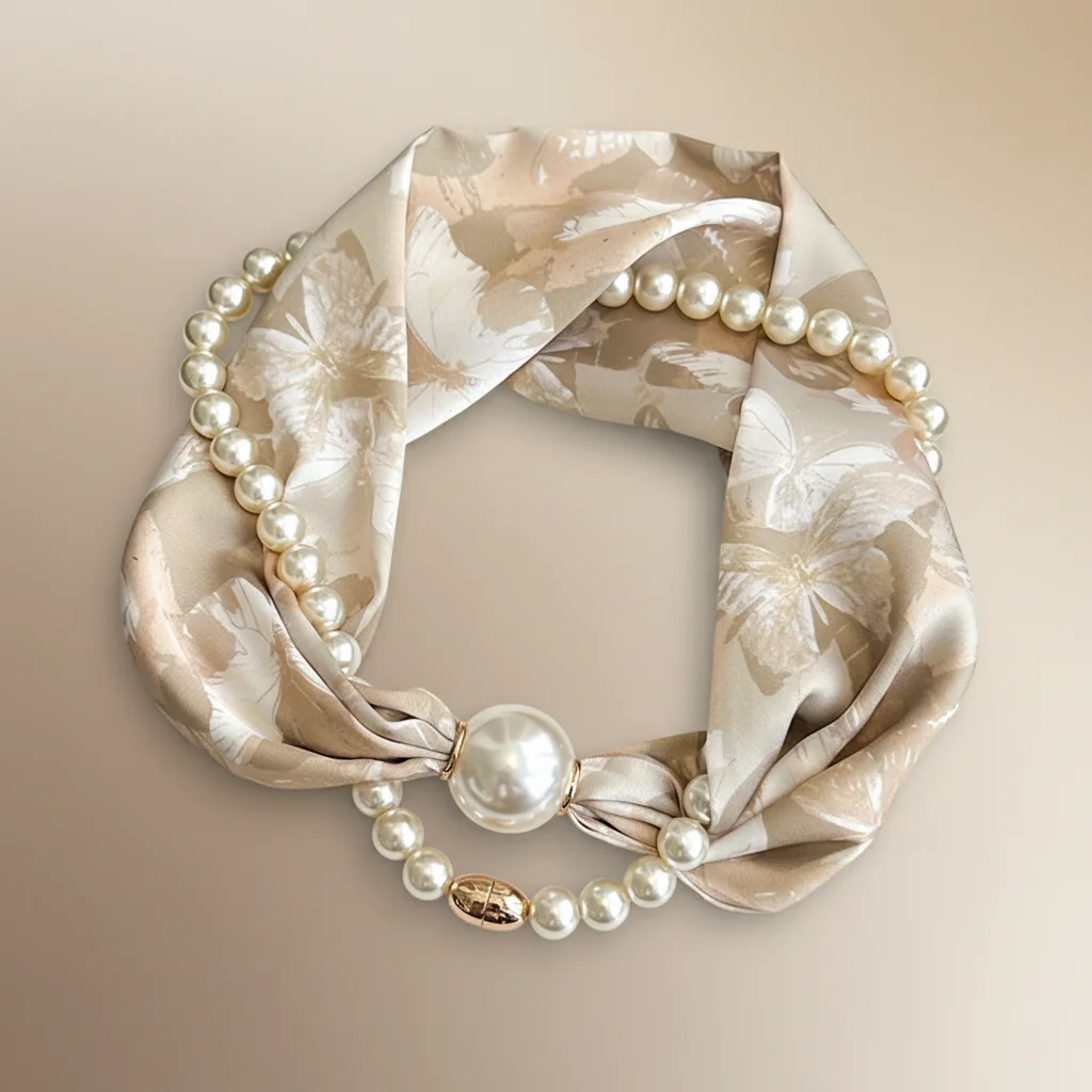 Women's Long Silk Scarf With Magnetic Buckle Pearl Decoration Thin Neck Protections Suitable For Spring And Autumn