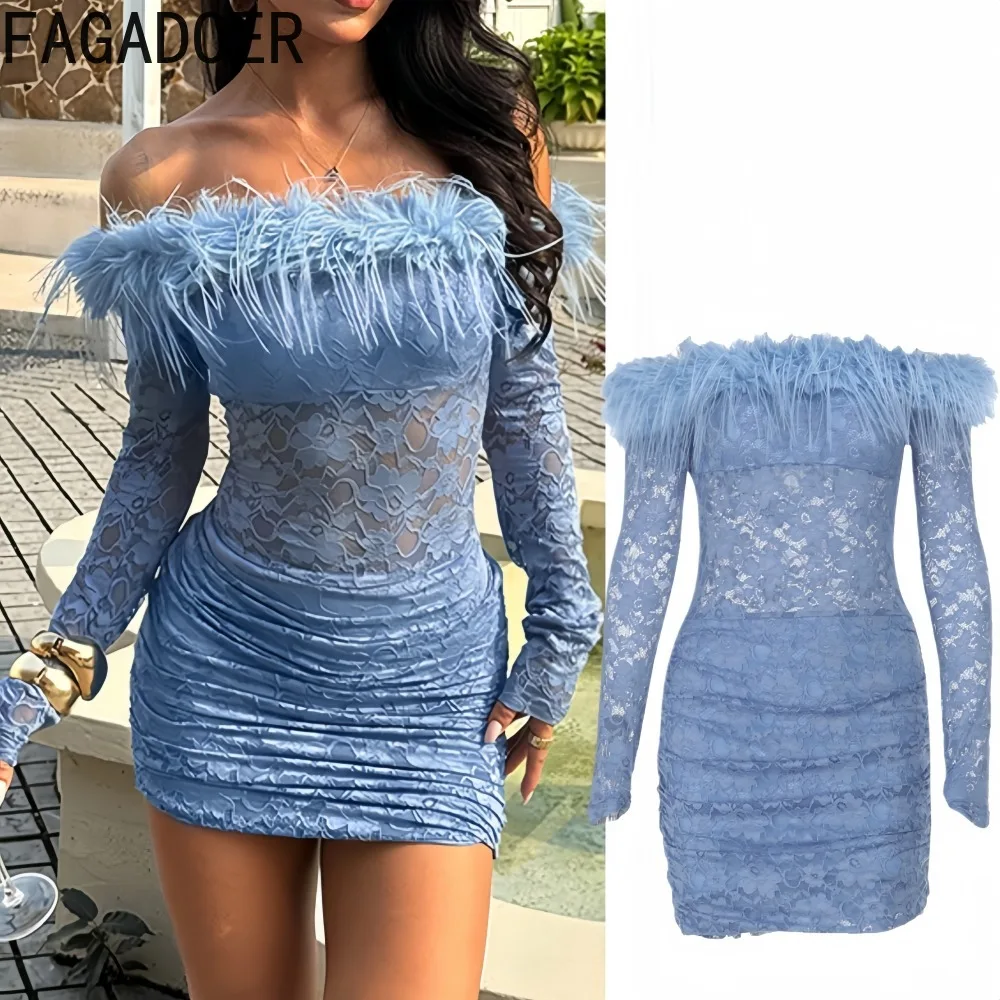 

FAGADOER Sexy Lace Fur Patchwork Bodycon Dresses Women Off Showlder See Through Long Sleeve Dress Female Streetwear Vestidos New