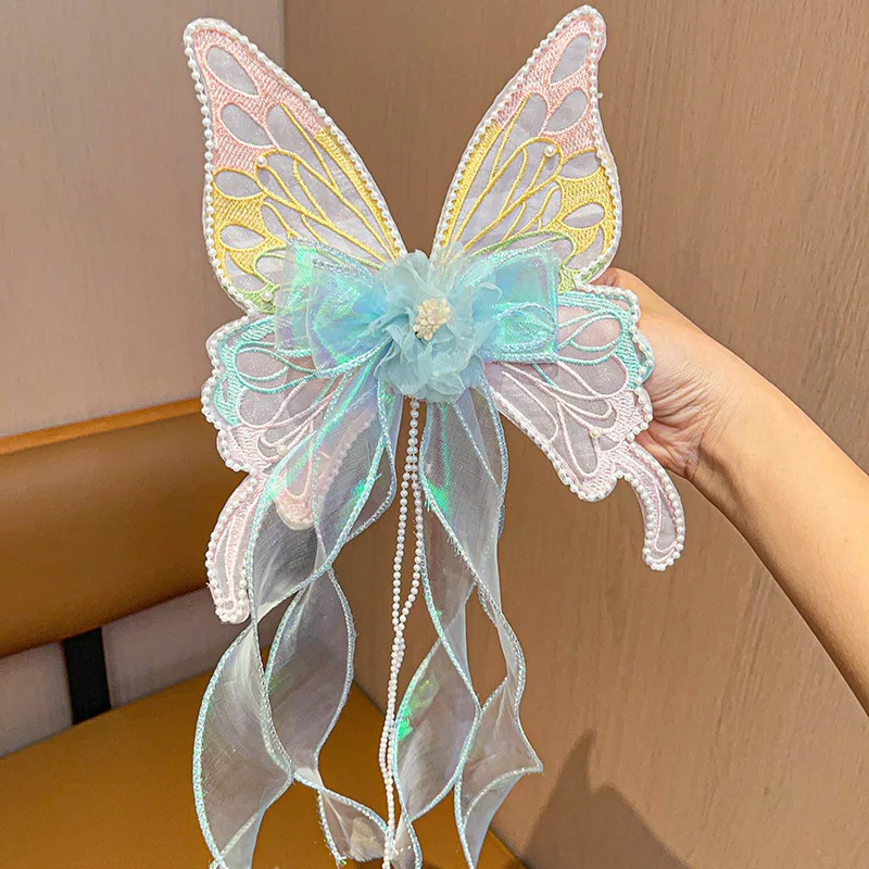 2025 New Cute Big Bow Princess Style Girl Woven Hair Strap Hair Clip and Long Tail Metal Spring Buckle Hair Clip