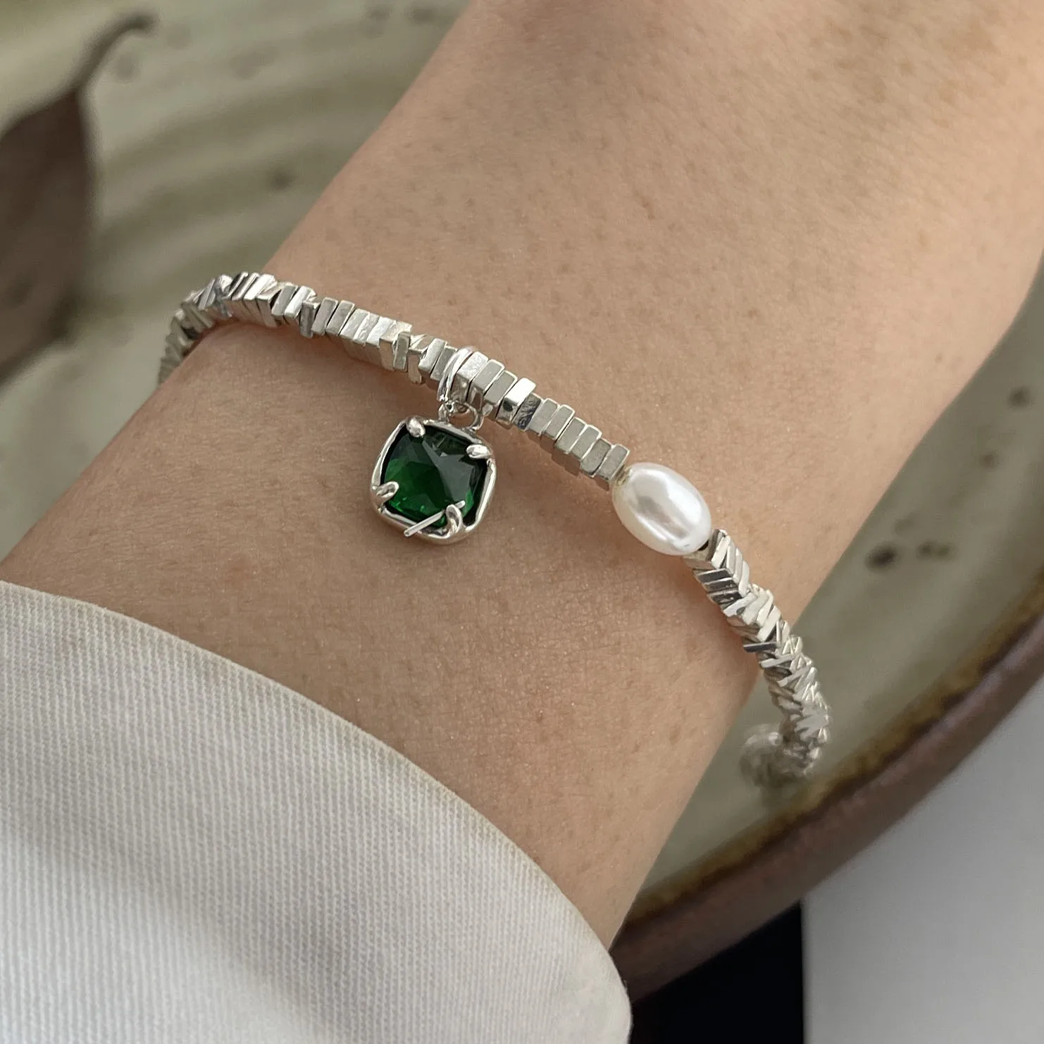 

925 Sterling Silver Bracelets for Women Men String Accessories Trend Vintage Green Stone Beads Party Jewelry Gift