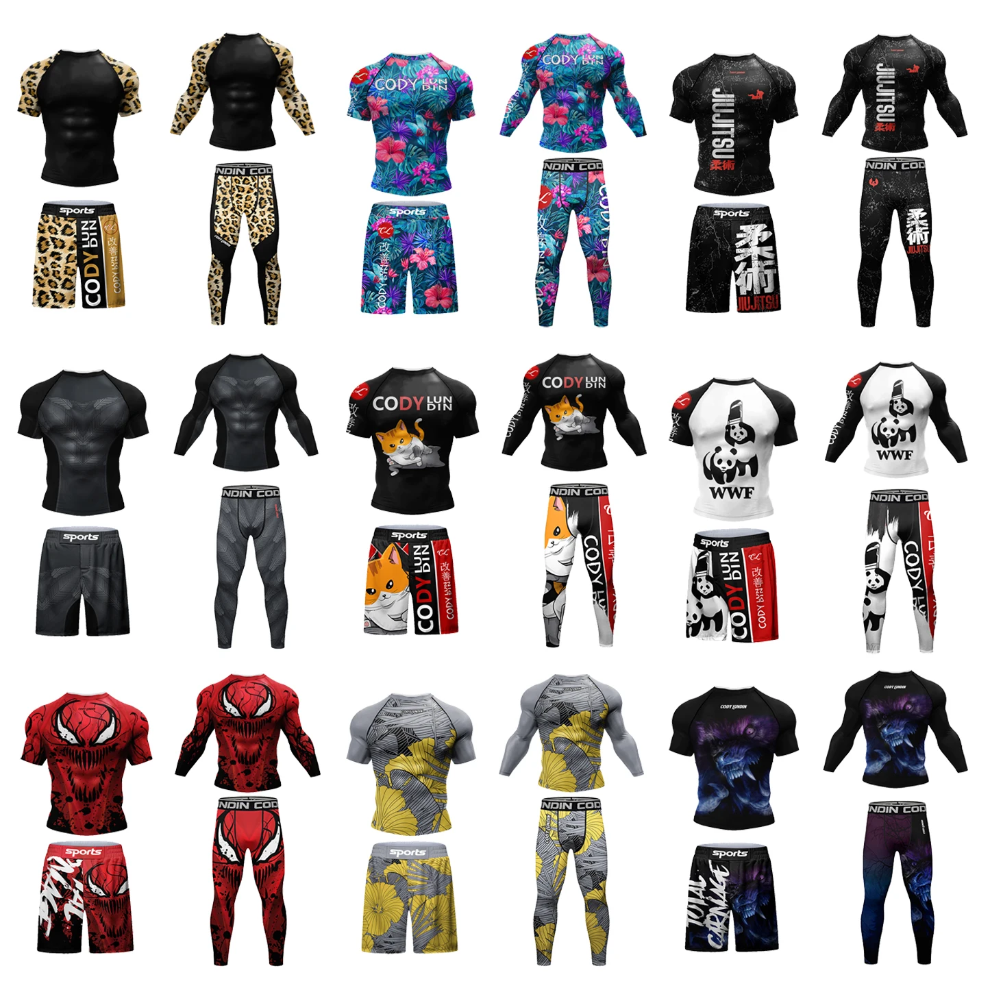 Nowa Jiu Jitsu Fitness obcisła koszulka męska Mma kompresja 4 sztuk/zestawów odzież sportowa Rashguard męska legginsy spodenki do kulturystyki