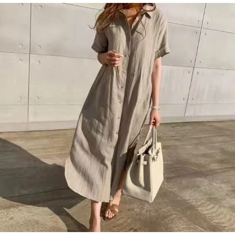 Women's Minimalist Loose Tie Waist Midi Shirt Dress Short Sleeve Button Down Slim Fit Elegant Dress