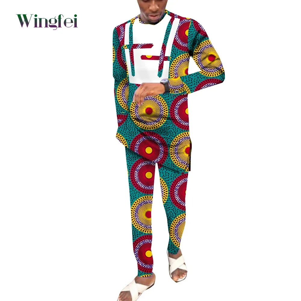 

African Men Boubou Fashion African Clothes for Men 2 Pcs Set Patchwork Long Sleeve Shirt and Trousers Dashiki Men Suits WYN1702