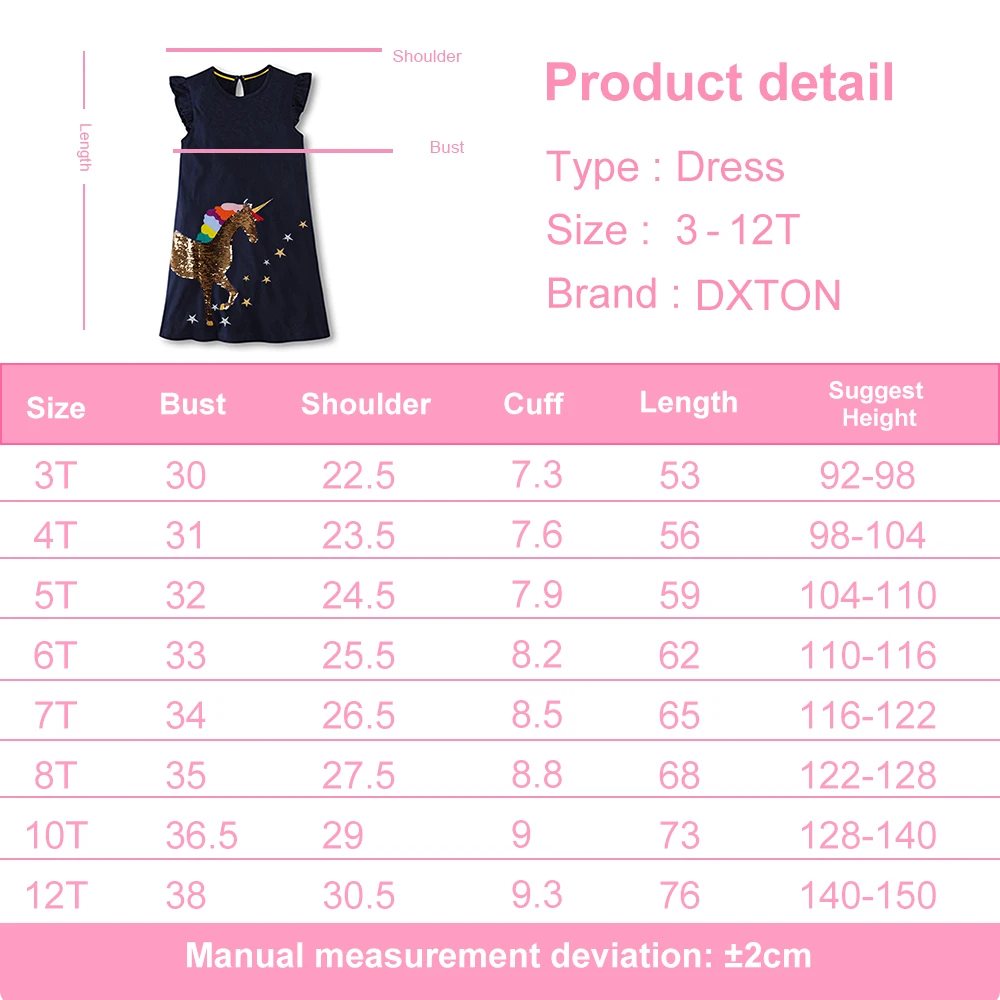 DXTON Summer Kids Dresses For Girls Flying Sleeve Toddlers Dress Cotton Children Clothing Sequin Unicorn Baby Girls Dress 3-12Y