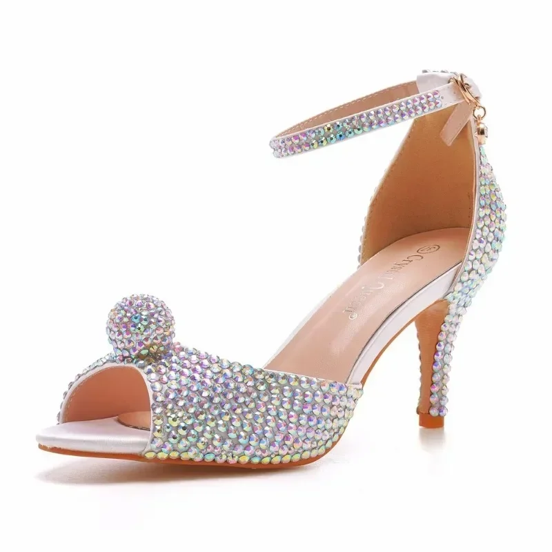 Strap Sandals Party Rhinestone PU 7CM Thin Heels Buckle  Bridal Wedding  Colored Diamond Women Pumps