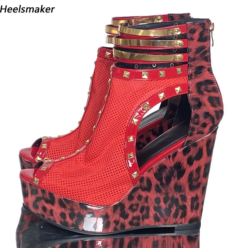 

Sukeia Women Platform Sandals Mesh Patent Studded Wedges Heels Peep Toe Gorgeous Leopard Prom Shoes Ladies US Size 5-20