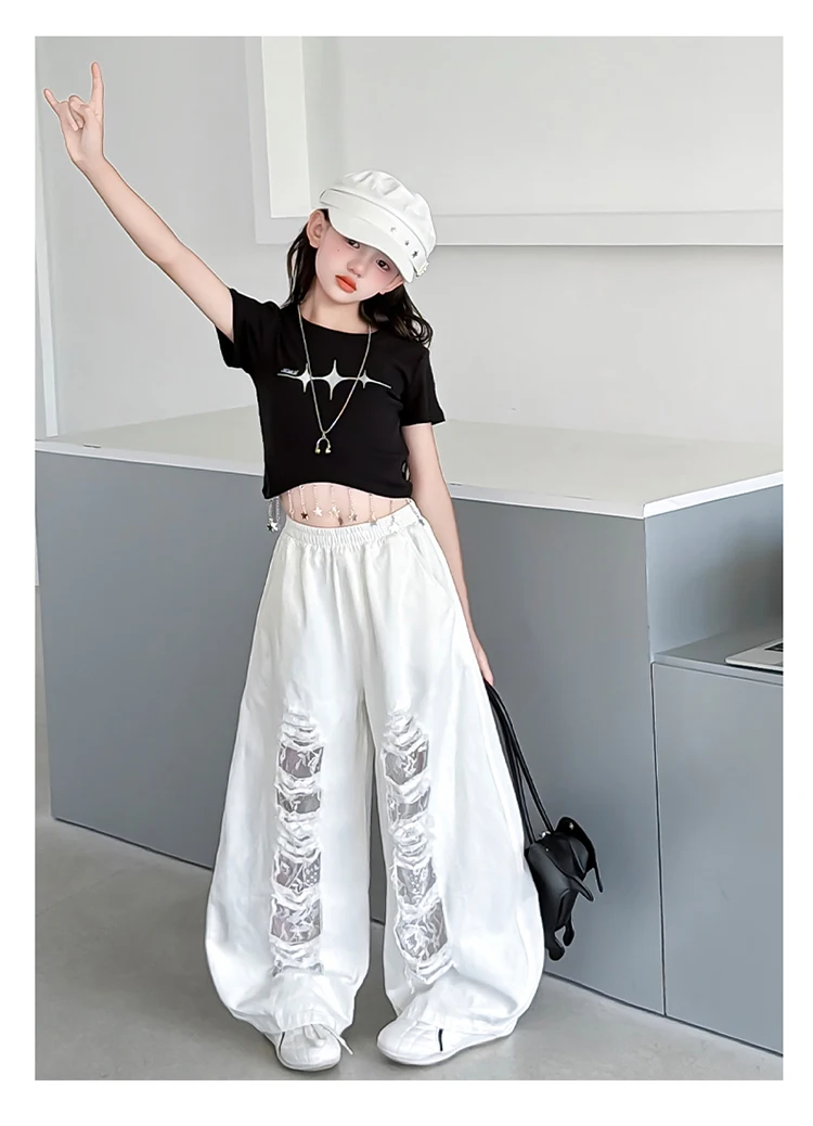 Neues Modisches Street-Style Kinder Hip-Hop-Bekleidungsset für Mädchen, Hiphop-Oberteil und -Hose, Kinder-Tanz-, Rap-, Jazz-Outfit mit T-Shirt und Hose – Detail 4