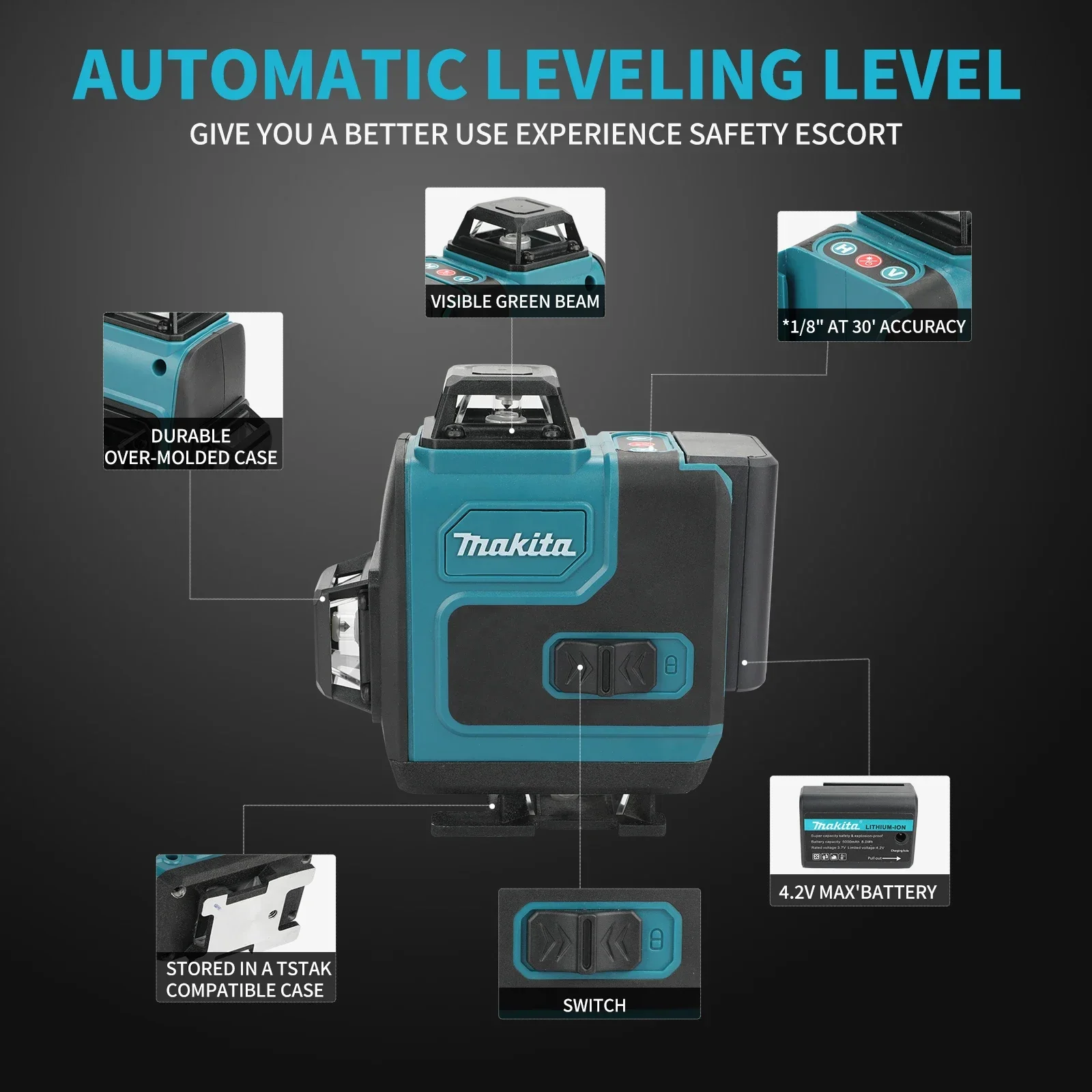 Makita 16 Lines Green Laser Level Pro, Self-Leveling & Manual Modes 4x360° 4D Green Cross Line Professional for Construction,