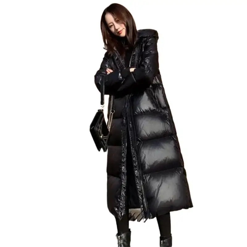 

Winter New Standing Collar Hooded Mid-Length Bright Puffer Jackets For Female High Quality Black Thick Warm Windproof Overcoats