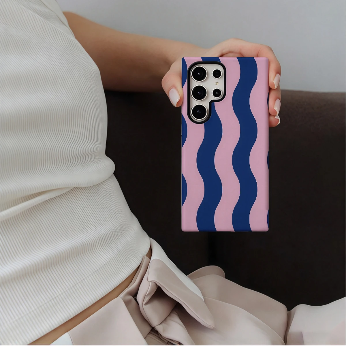 Navy Pink Wavy Stripes Phone Case For Samsung Galaxy S26 S25 Ultra S24 S23 Plus Hard Shock‑Absorption 2-in-1Protective Cover