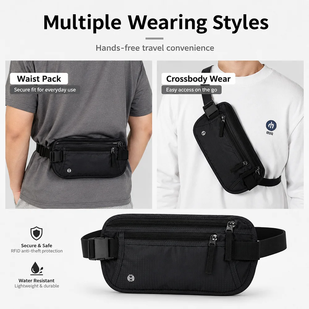 Men Hidden Belt Bag for Travel Anti Theft RFID Passport Wallet Holder Outdoor Sports Waist Bag Hidden Security Wallet view 2