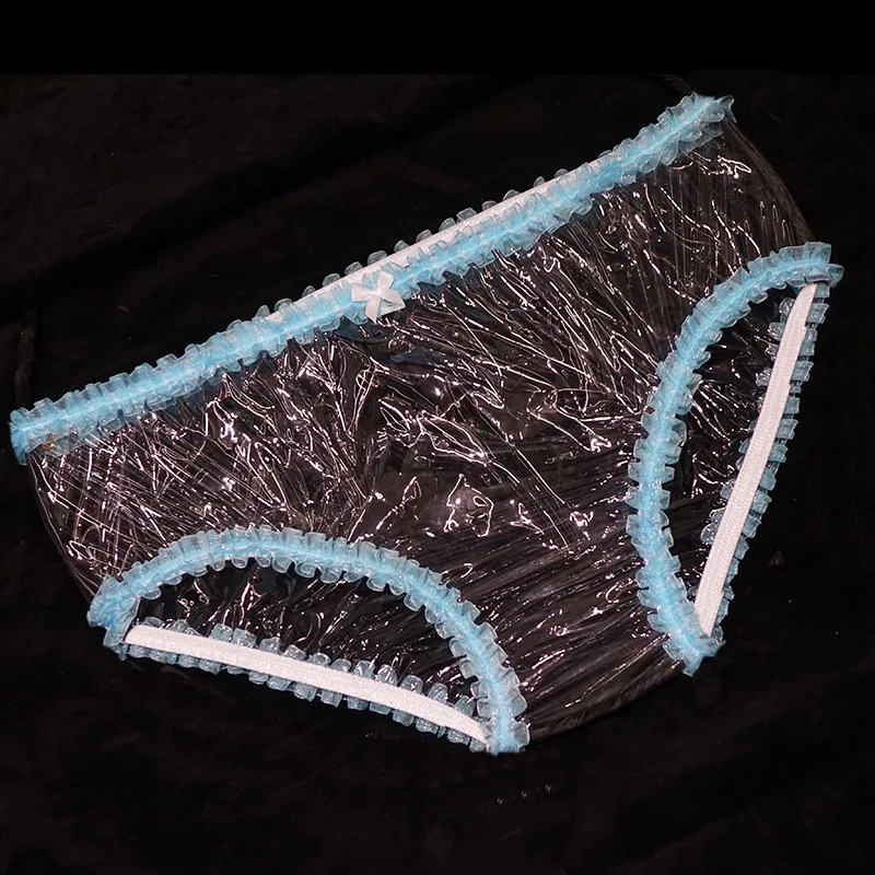 Nuovo Slip a Triangolo in PVC Trasparente Impermeabile Viola con Texture a Bolle e Bordo in Pizzo, Vita Media, Anti-perdita, Lingerie in Plastica da Donna