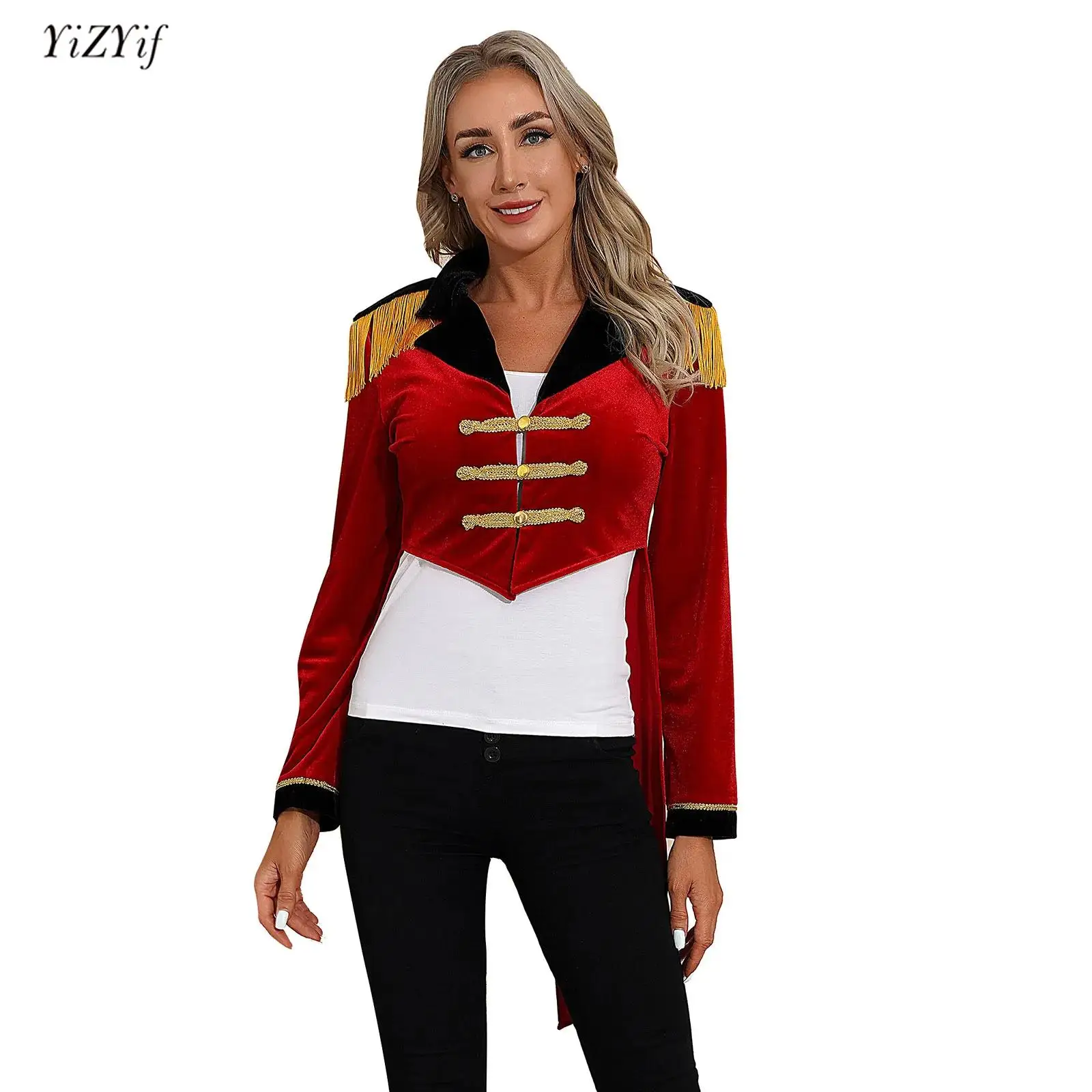 

Halloween Ringmaster Cosplay Coat for Womens Velvet Color Block Lapel Long Sleeve Tailcoat Circus Show Stage Performance Costume