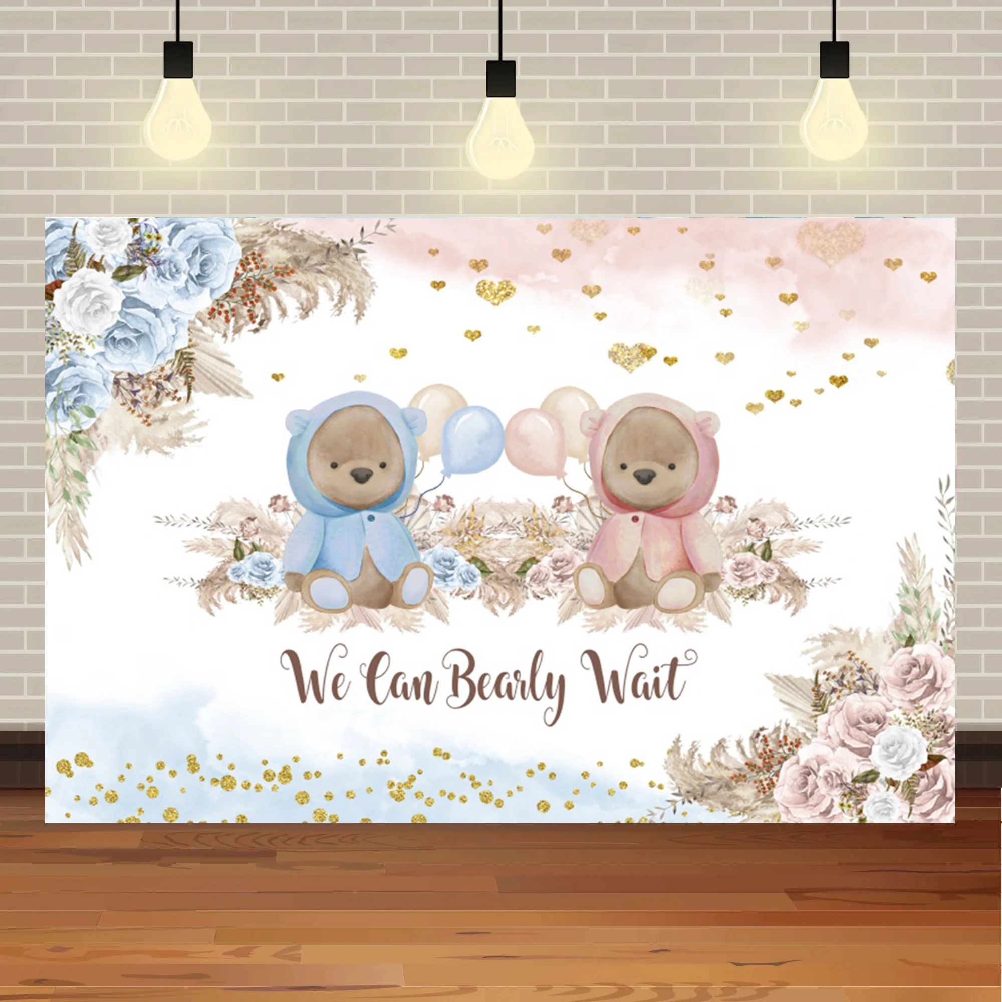 Baby Bear Hot Air Balloon Baby Shower Backdrop Photocall Girl or Boy Unveiling Party Birthday Decoration Backdrop Photo Studio