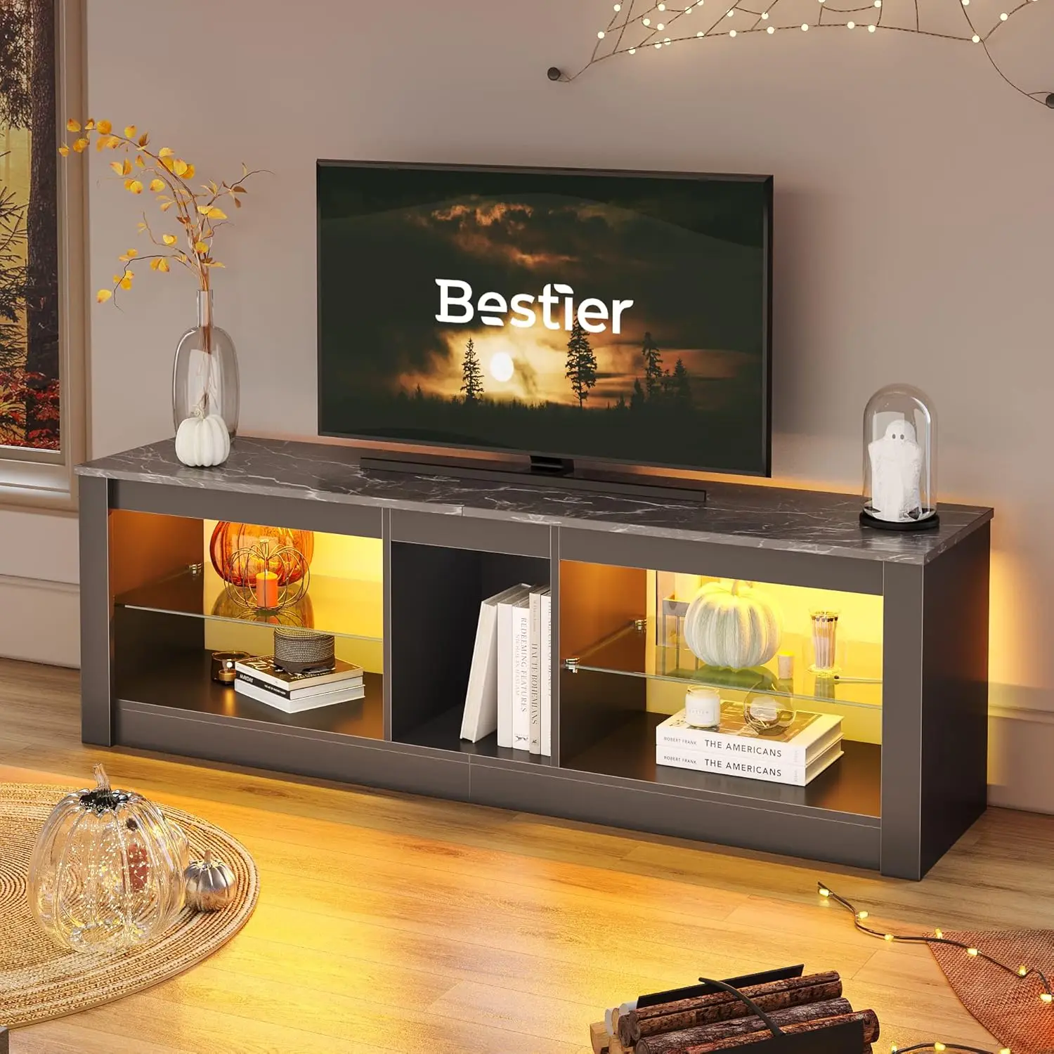 Bestier-Support TV de jeu à LED, centre de divertissement, étagères en verre réglables, 22 modes RVB dynamiques, meuble TV, jeu C, 55 + pouces