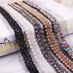 1Yard 15mm Pearl Beaded Lace Trim Mesh Lace Ribbon Fabric Clothes Decoration Wedding Dress Collar Sleeve Lace Applique DIY Craft